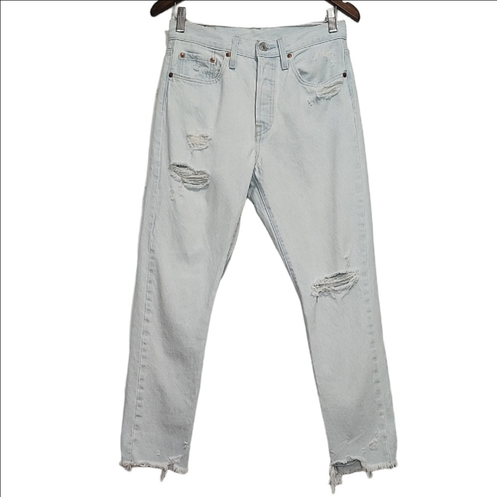LEVI'S PREMIUM Original 501 light wash high waist distressed raw hem jeans